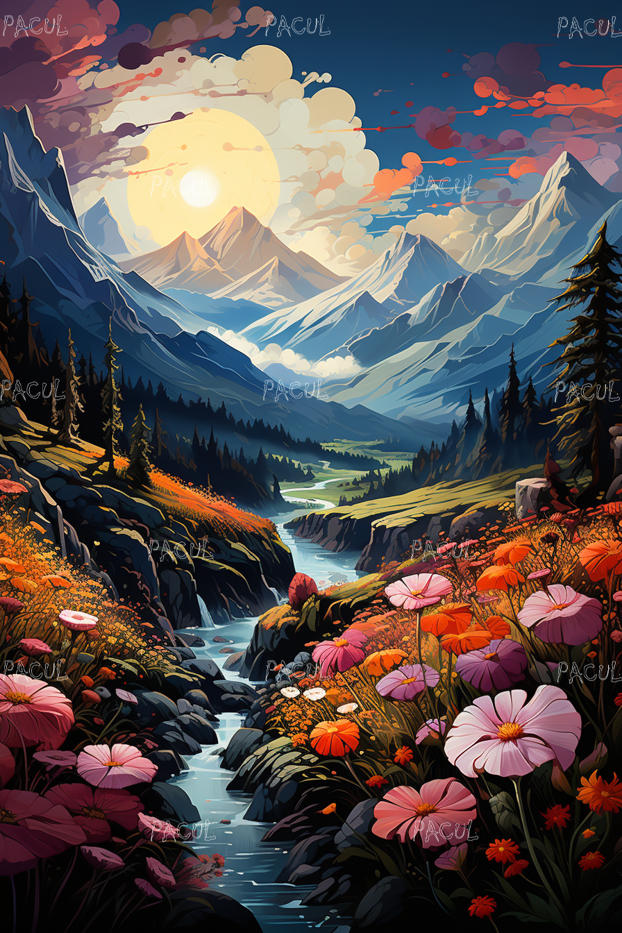 Imagen, Montañas, Cielo Azul, Nubes, Flores, Río