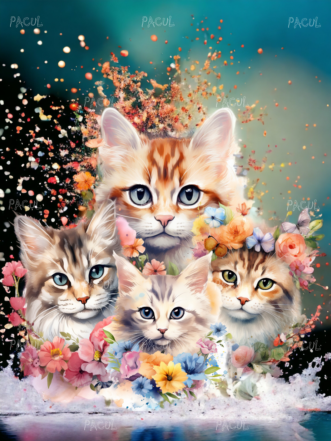 Imagen, Gatos, flores, destellos,